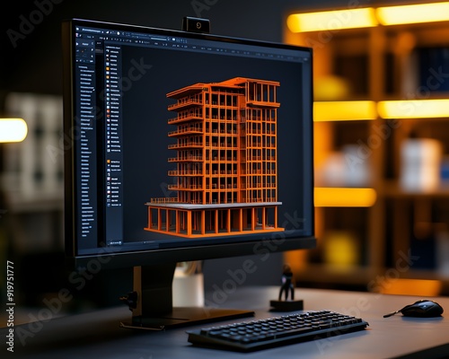 Detailed view of a computer screen displaying a finite element analysis FEA model of a building
