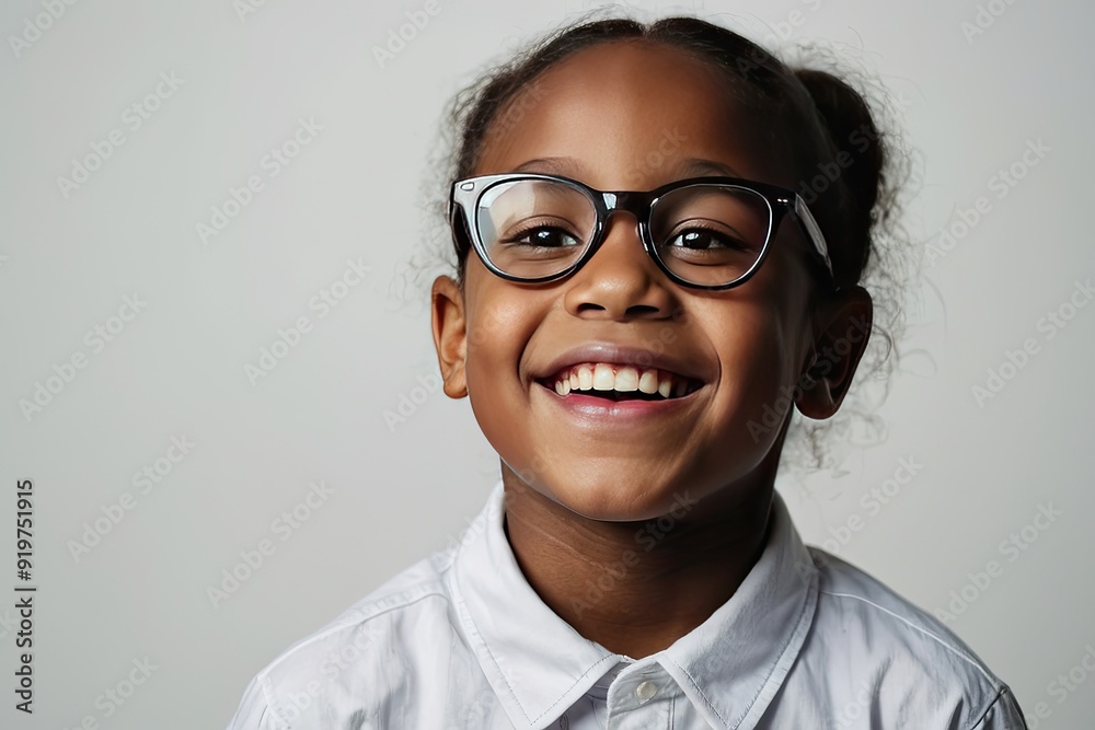 Portrait of a happy dark skinned schoolgirl with glasses on a solid gray background. Back to school, correction of pupil kid eyesight. Portrait of a happy dark skinned schoolgirl with glasses on a solid gray background. Back to school, correction of pupil kid eyesight.