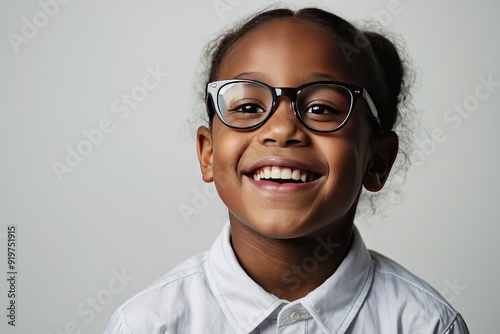 Portrait of a happy dark skinned schoolgirl with glasses on a solid gray background. Back to school, correction of pupil kid eyesight. 