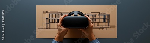 Closeup of a civil engineer s hand adjusting a virtual reality headset while reviewing a groundbreaking architectural design photo