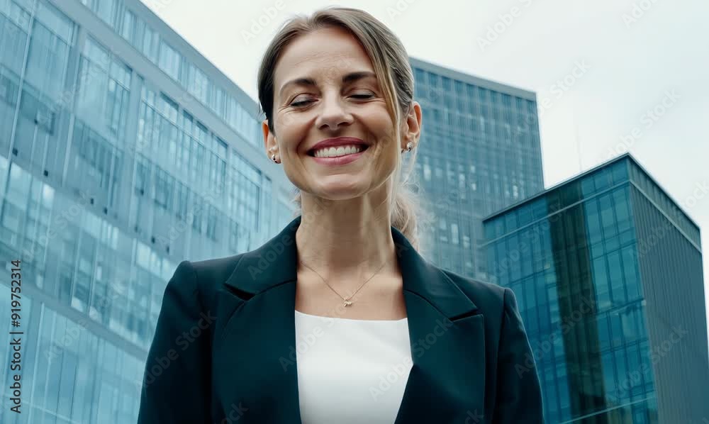Portrait of smiling businesswoman in front of skyscrapers. Portrait of smiling businesswoman in front of skyscrapers.
