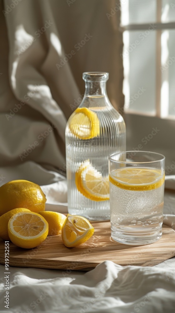 A minimalist arrangement of water with lemon slices on a wooden tray in soft morning light A minimalist arrangement of water with lemon slices on a wooden tray in soft morning light