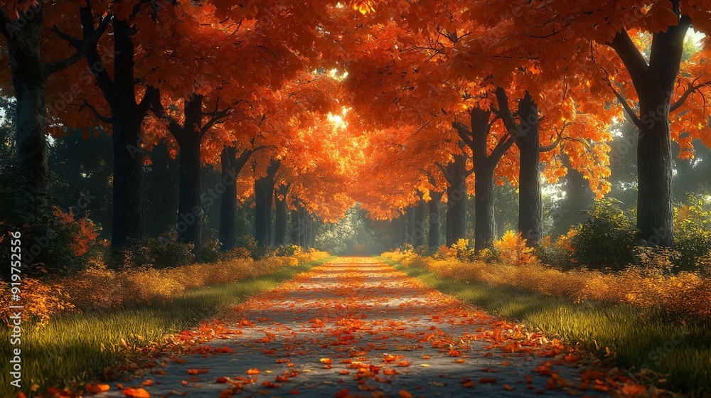 Fototapeta premium Sunlit Autumn Path Lined with Majestic Trees Covered in Vibrant Orange Foliage and Dappled Light on a Serene Morning