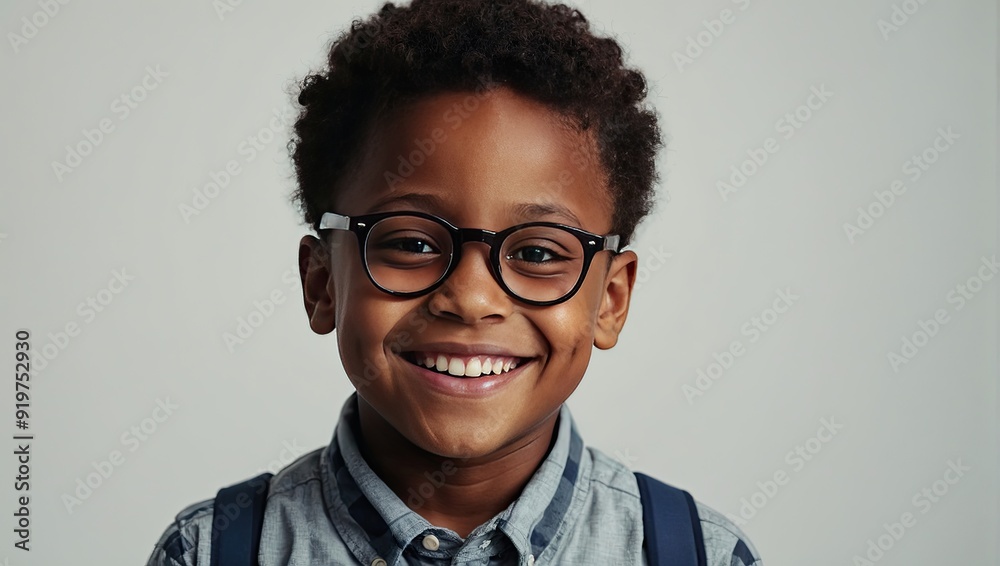 Portrait of a happy dark skinned schoolboy with glasses on a solid gray background. Back to school, correction of pupil kid eyesight. Portrait of a happy dark skinned schoolboy with glasses on a solid gray background. Back to school, correction of pupil kid eyesight.
