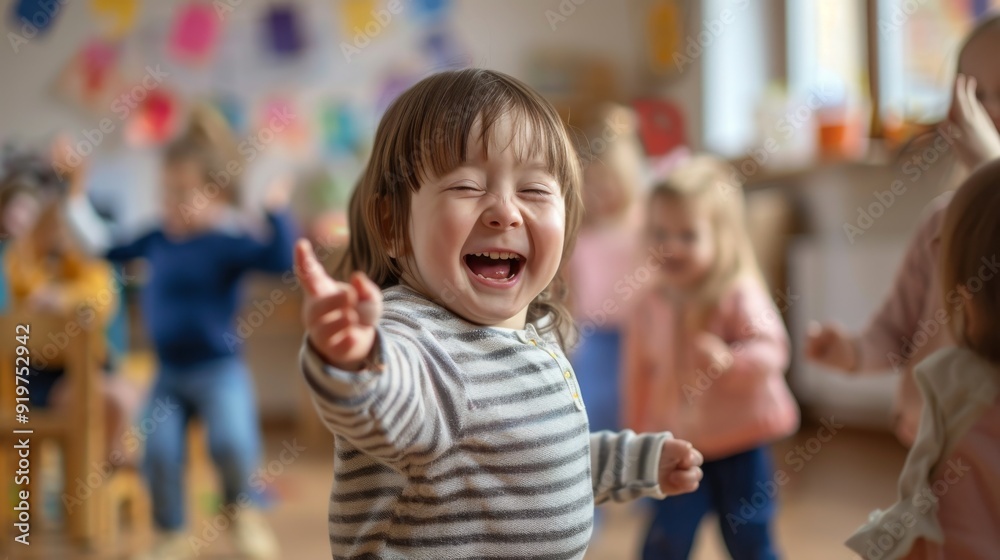Cute little girl dancing happily at nursery school Cute little girl dancing happily at nursery school
