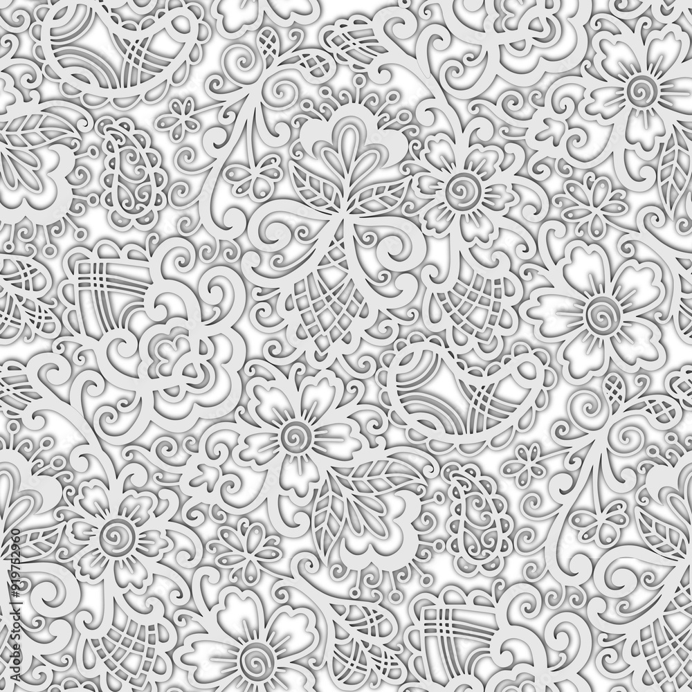 Doodle style, grey swirl pattern, paper cut effect, abstraction. Seamless floral pattern-365.