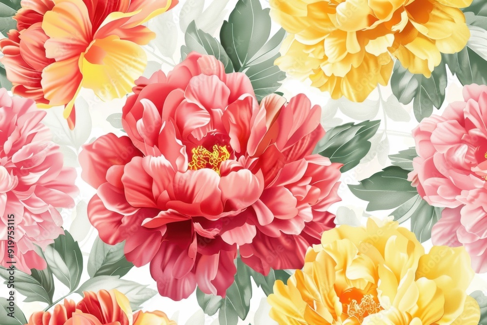 Beautiful floral pattern with large pink, red and yellow flowers on white background floral wallpaper design for print or textile Generative AI Beautiful floral pattern with large pink, red and yellow flowers on white background floral wallpaper design for print or textile Generative AI