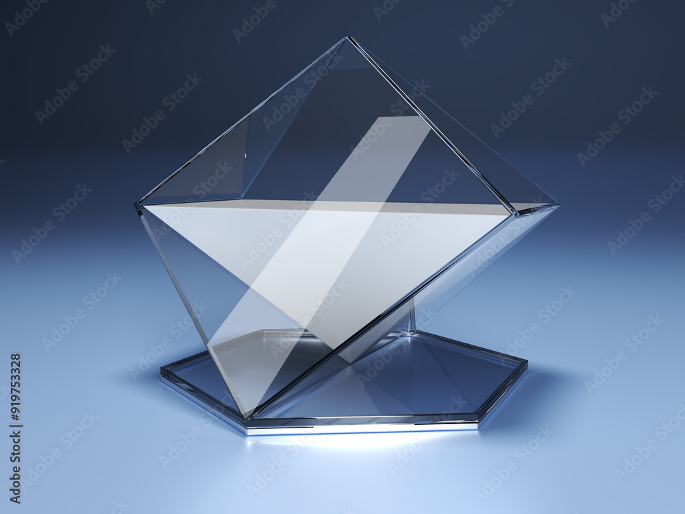 Transparent prism showcase display. 3d illustration on blue background Transparent prism showcase display. 3d illustration on blue background