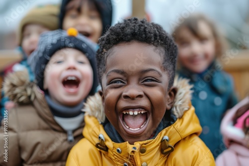 A diverse group of young children smiling happily and playing outside, captured in a moment of joy and friendship, emphasizing the innocence and camaraderie of childhood.