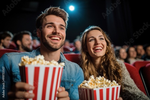 A smiling couple enjoying a movie at the cinema while holding large buckets of popcorn, capturing a moment of happiness and togetherness, reflecting a classic date night experience.