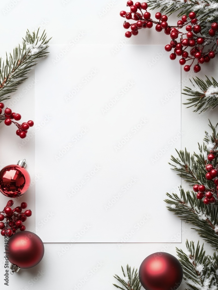 A white card with a red border sits on a snowy ground with red berries A white card with a red border sits on a snowy ground with red berries