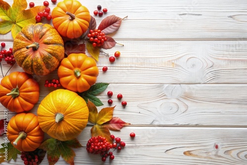 Festive autumn decor featuring pumpkins, berries, and leaves on wooden surface. Generative AI