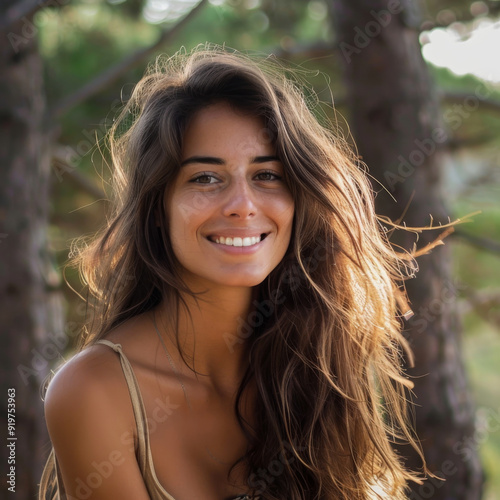 Brazilian woman with long brown hair smiling in the sunlight at the beach forest, looking into the camera, professional photography