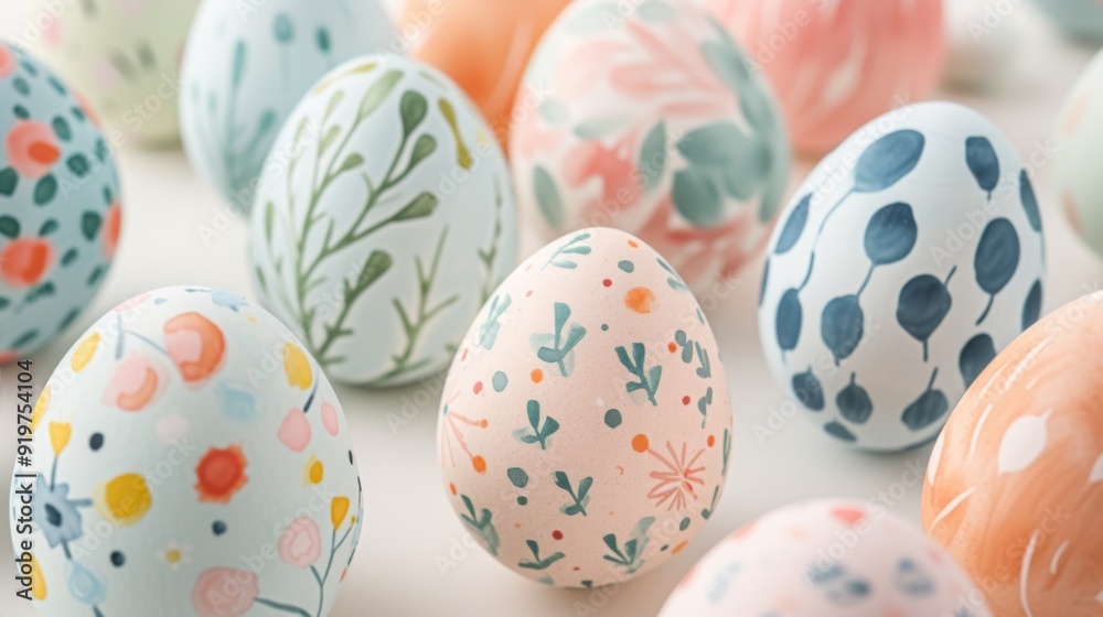 Easter eggs painted with delicate watercolor patterns, displayed on a light background Easter eggs painted with delicate watercolor patterns, displayed on a light background