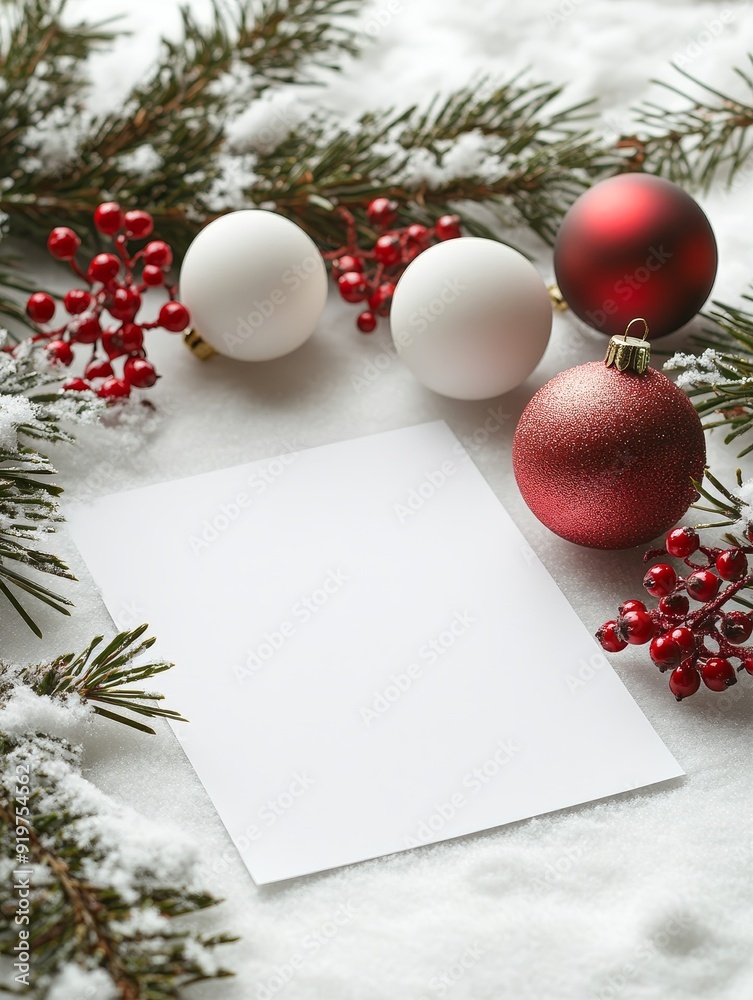 A white card with a red border sits on a snowy ground with red berries A white card with a red border sits on a snowy ground with red berries