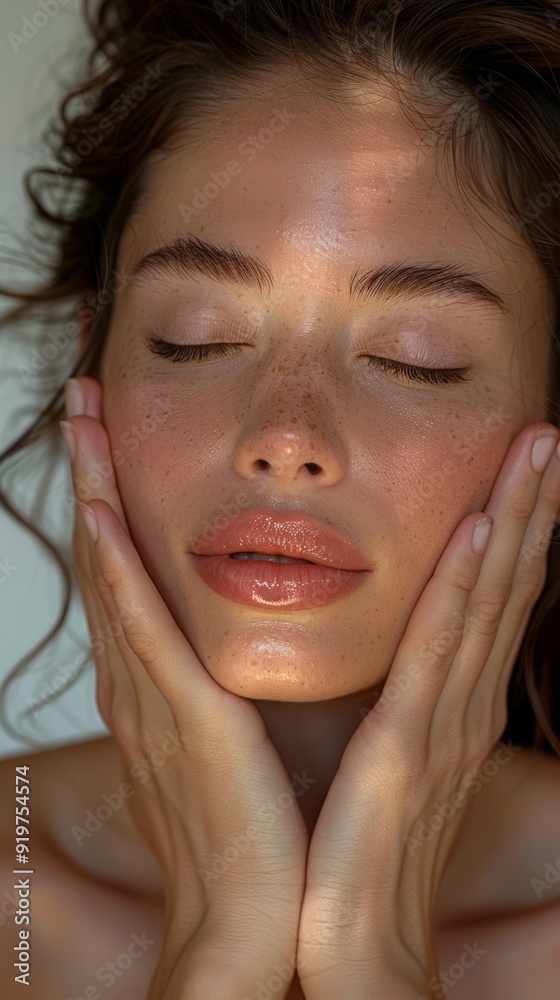 Close-up portrait of a woman gently touching her face in soft natural light Close-up portrait of a woman gently touching her face in soft natural light