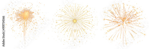 Set of fireworks on a transparent background. Overlay of exploding festive fireworks, design element on the theme of holidays and Christmas.