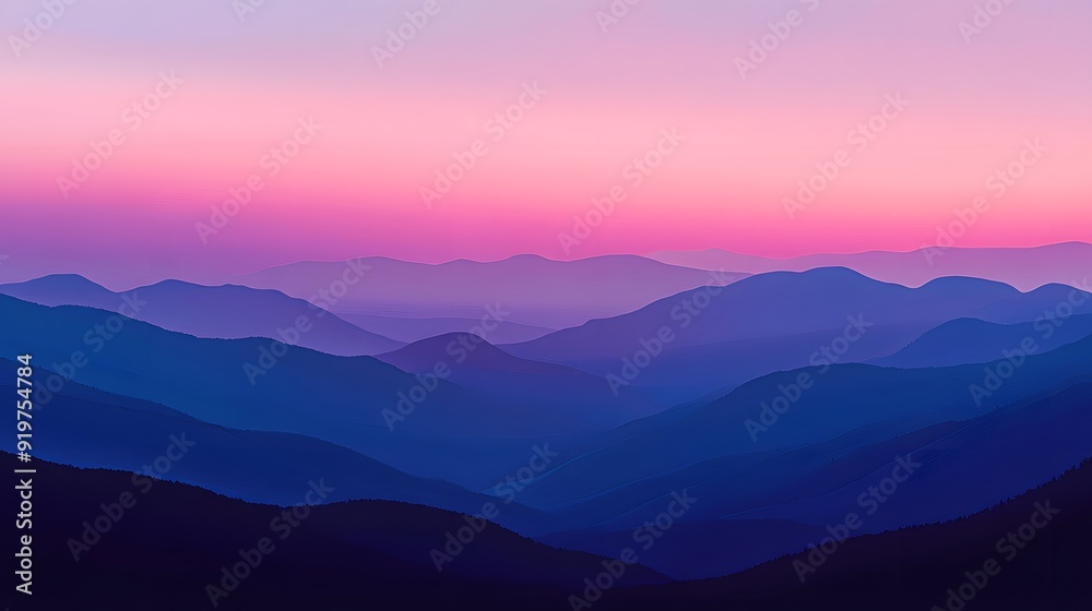 A digital art of mountains at dusk, with gradients from deep purple to pink and blue, capturing the serene beauty of nature's silhouette against the sky A digital art of mountains at dusk, with gradients from deep purple to pink and blue, capturing the serene beauty of nature's silhouette against the sky
