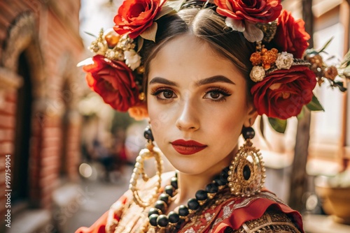 A Spanish girl in a traditional Spanish national costume. Against the background of a bull. Bullfighting. The portrait symbolizes the traditions and culture of the people of Spain. photo