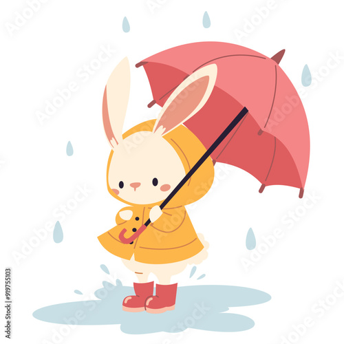 Flat vector illustration in children's style on white background. Cute rabbit in raincoat and rubber boots holding an umbrella in the rain. Cute fall illustration. Vector illustration
