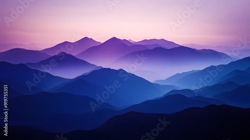 A digital art of mountains at dusk, with gradients from deep purple to pink and blue, capturing the serene beauty of nature's silhouette against the sky