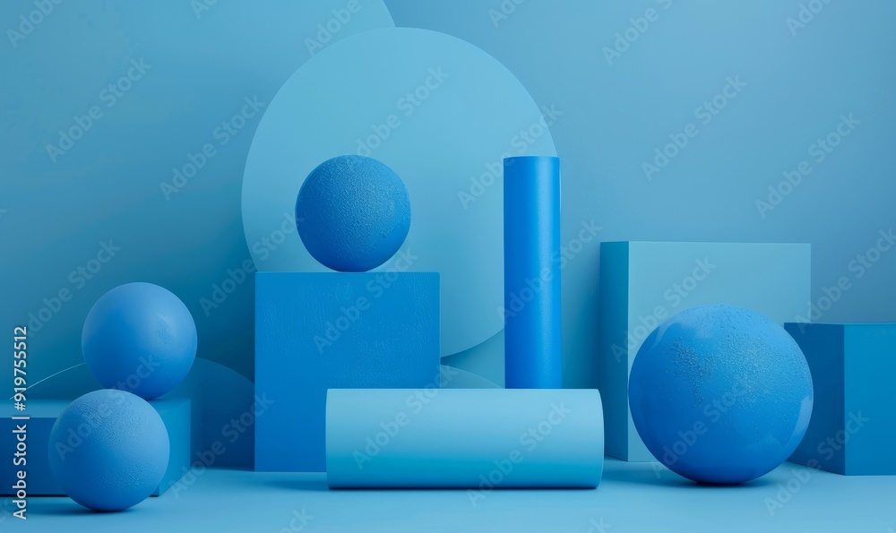 Minimalist composition of blue geometric spheres and cylinders Minimalist composition of blue geometric spheres and cylinders