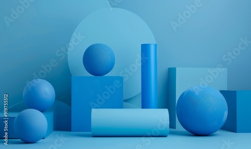 Minimalist composition of blue geometric spheres and cylinders