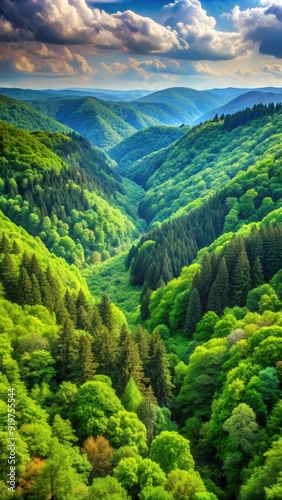 Lush green valleys and forests under a bright sky in the afternoon. Generative AI