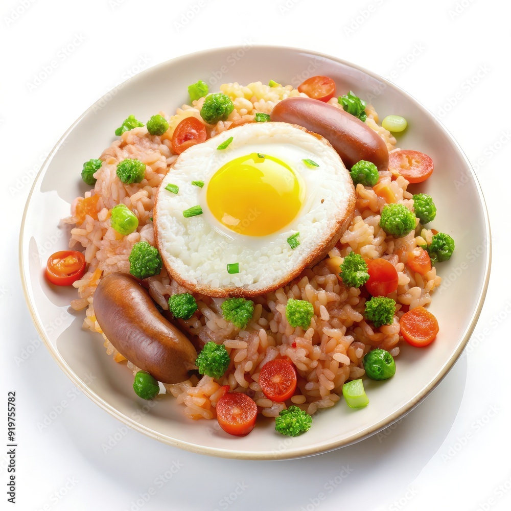 Fried rice with sausage and a fried egg served on a white plate. Generative AI Fried rice with sausage and a fried egg served on a white plate. Generative AI