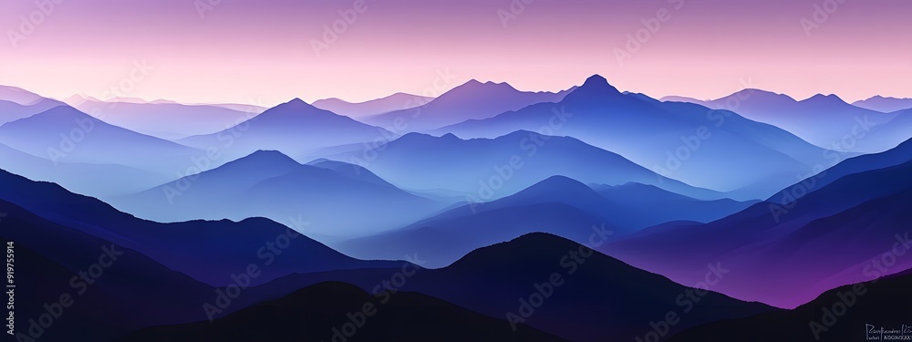 A digital art of mountains at dusk, with gradients from deep purple to pink and blue, capturing the serene beauty of nature's silhouette against the sky A digital art of mountains at dusk, with gradients from deep purple to pink and blue, capturing the serene beauty of nature's silhouette against the sky