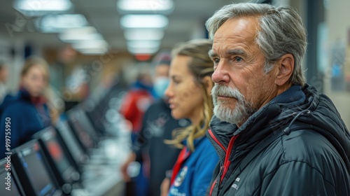 Man with Grey Hair and Beard Looking Away in a Crowded Room