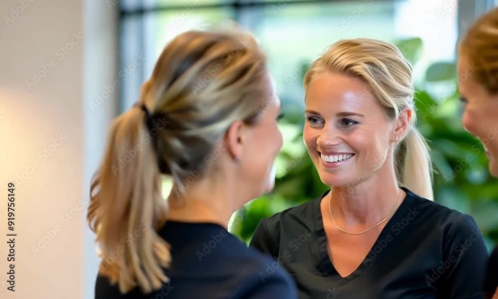 Smiling Professional Women Engaged in Friendly Conversation in the Office Smiling Professional Women Engaged in Friendly Conversation in the Office