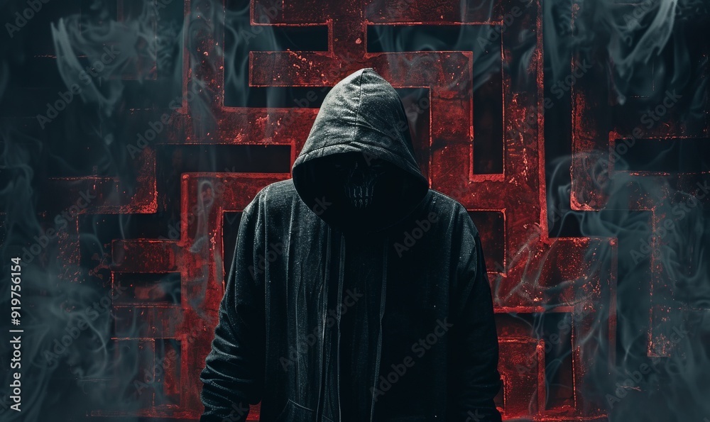 Mysterious hooded figure standing in front of blood splattered maze, dark and eerie, symbolizing fear and mystery Mysterious hooded figure standing in front of blood splattered maze, dark and eerie, symbolizing fear and mystery
