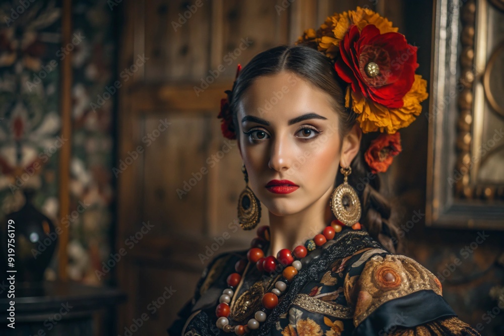 A Spanish girl in a traditional Spanish national costume. Against the background of a bull. Bullfighting. The portrait symbolizes the traditions and culture of the people of Spain. A Spanish girl in a traditional Spanish national costume. Against the background of a bull. Bullfighting. The portrait symbolizes the traditions and culture of the people of Spain.