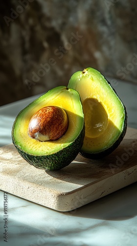 Halved avocado on a wooden board with natural lighting in a rustic kitchen
