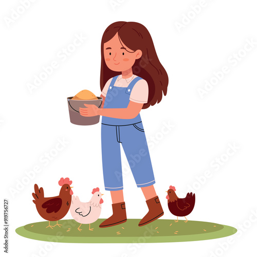 A girl farmer in work clothes feeds chickens.Cartoon child give food chicken on poultry yard. Farm animal, chicks in village.