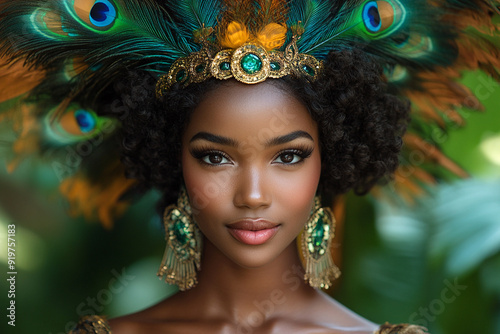  A woman in a glamorous carnival peacock costume 