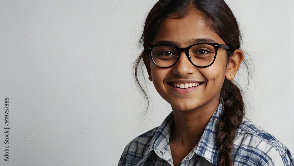 Portrait of a happy Indian schoolgirl teenager with glasses on a solid gray background. Back to school, correction of pupil kid eyesight. Portrait of a happy Indian schoolgirl teenager with glasses on a solid gray background. Back to school, correction of pupil kid eyesight.