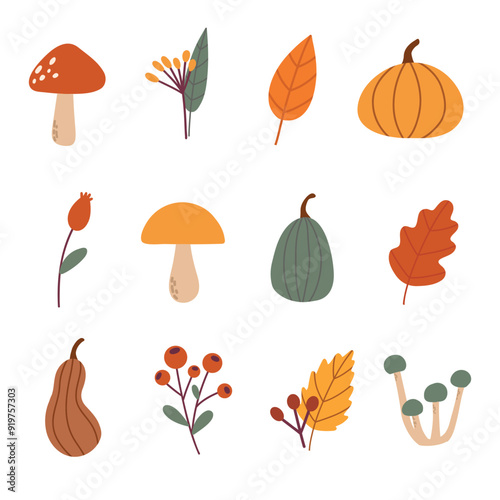 Autumn, Fall, Thanksgiving day trendy background with beautiful leaves, pumpkins and mushrooms. Vector templates poster, invitation, card, flyer, cover, banner, placard, brochure, social media, sale.