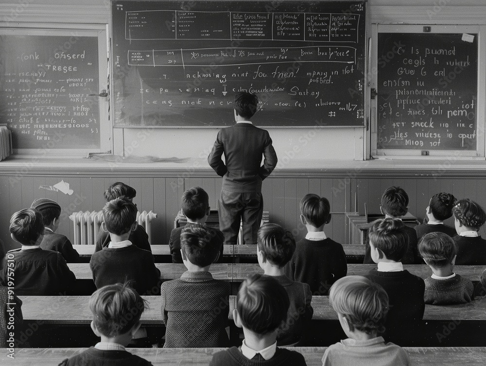 black and white photo,Teacher instructing a class of young boys in a ...