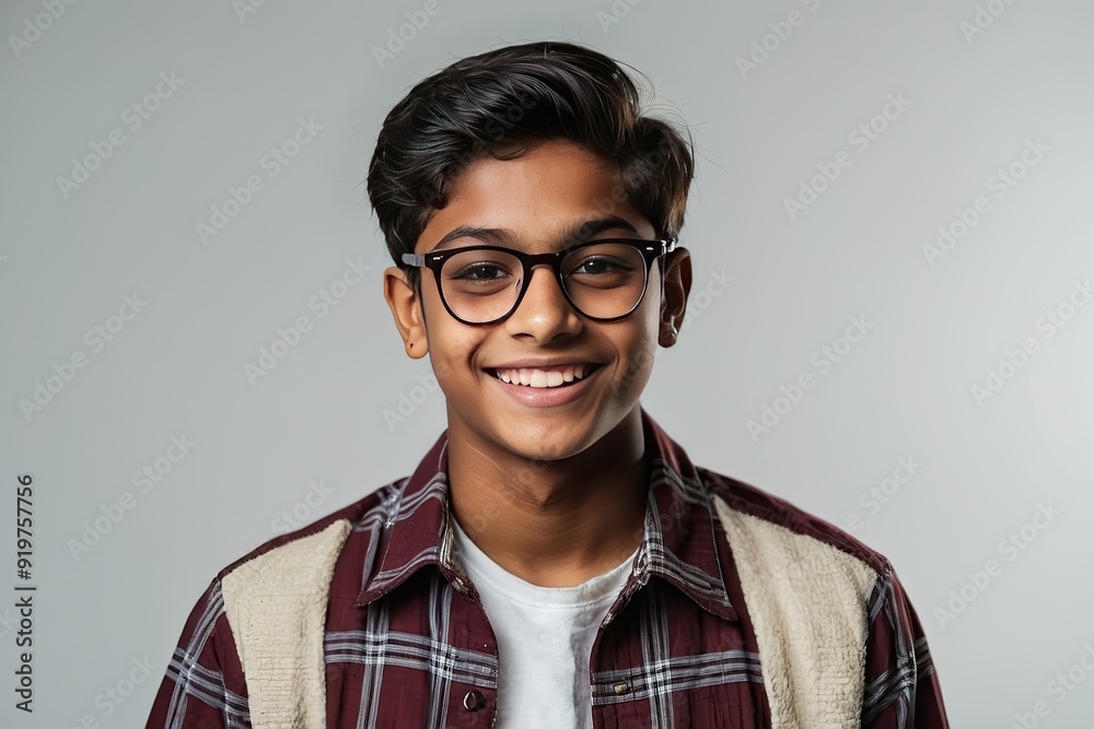 Portrait of a happy Indian schoolboy teenager with glasses on a solid gray background. Back to school, correction of pupil kid eyesight. Portrait of a happy Indian schoolboy teenager with glasses on a solid gray background. Back to school, correction of pupil kid eyesight.