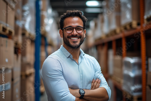 A cheerful warehouse manager with arms crossed stands confidently in a storage aisle, representing leadership and efficiency in inventory management.

