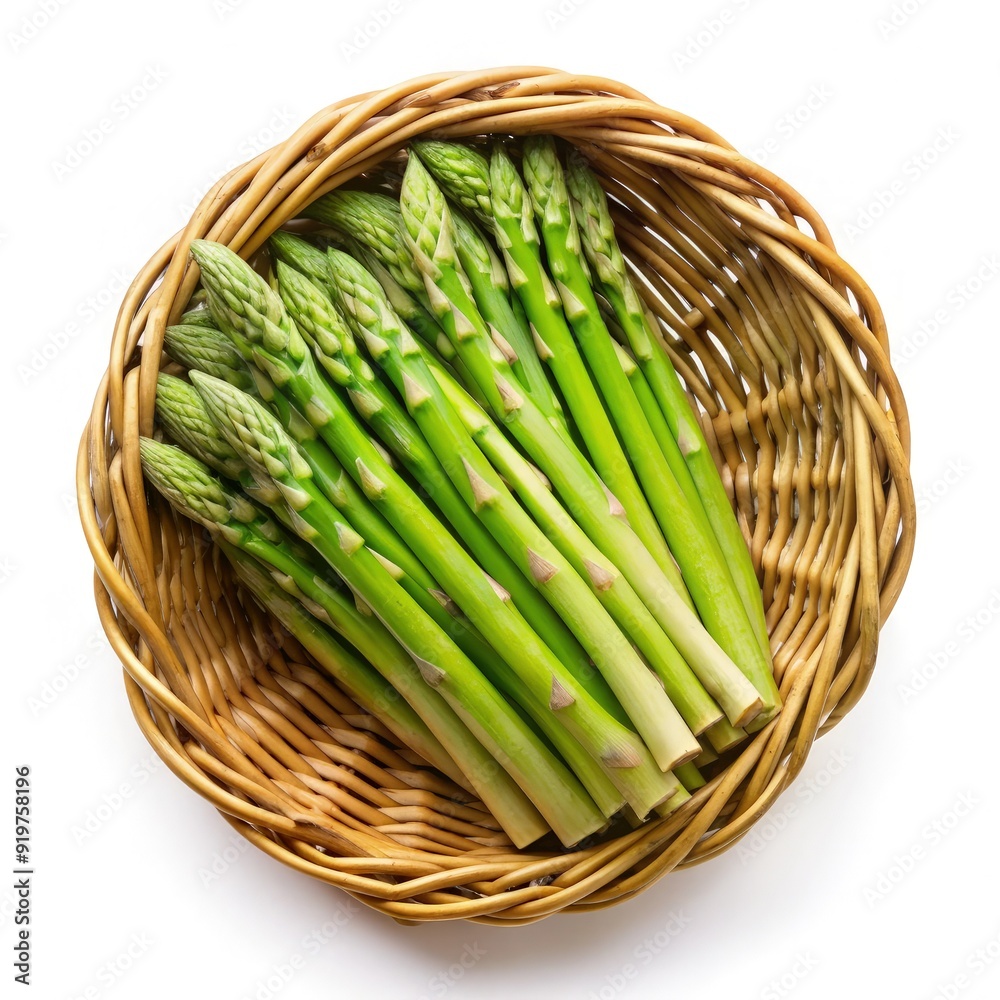 Fresh green asparagus in a wicker basket viewed from above. Generative AI Fresh green asparagus in a wicker basket viewed from above. Generative AI