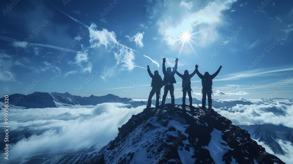 © Luminous Hub  - Group of men standing on mountain top celebrating success