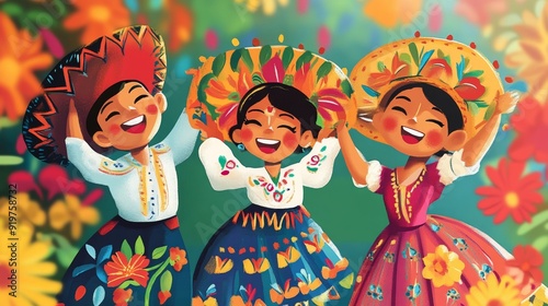 Women in colorful hats and traditional attire. The painting style is intricate and vivid. Concept of cultural diversity and celebration, Hispanic Heritage Month, celebrating culture.