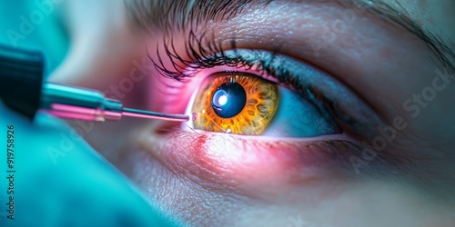 Closeup of a human eye getting a professional medical surgery in a clinic hospital to improve sight and get rid of bad vision. wallpaper background for ads, sites, web design and print 