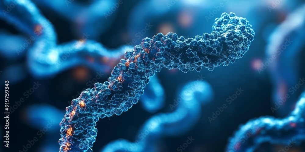 Closeup image of human chromosomes during cell division intricate structures visible. Concept Biological Imaging, Cell Division, Chromosome Structures, Close-up Photography