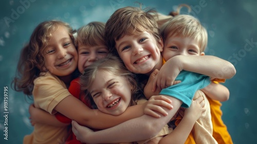 Diverse group of children hugging each other in a circle, celebrating National Hug Day