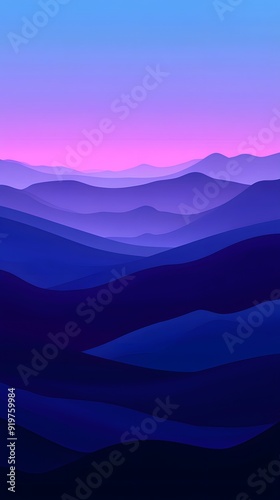 A digital art of mountains at dusk, with gradients from deep purple to pink and blue, capturing the serene beauty of nature's silhouette against the sky