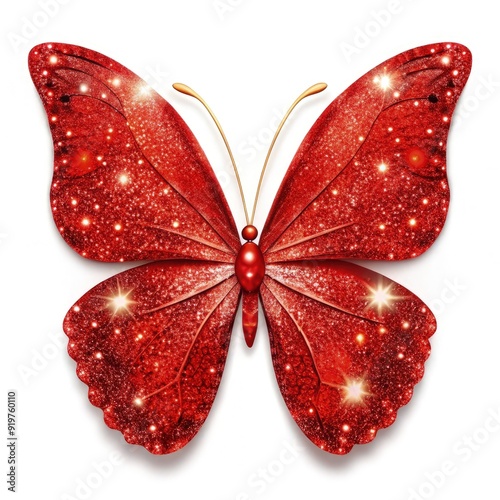 Glittery red butterfly on a clean white background. Generative AI photo